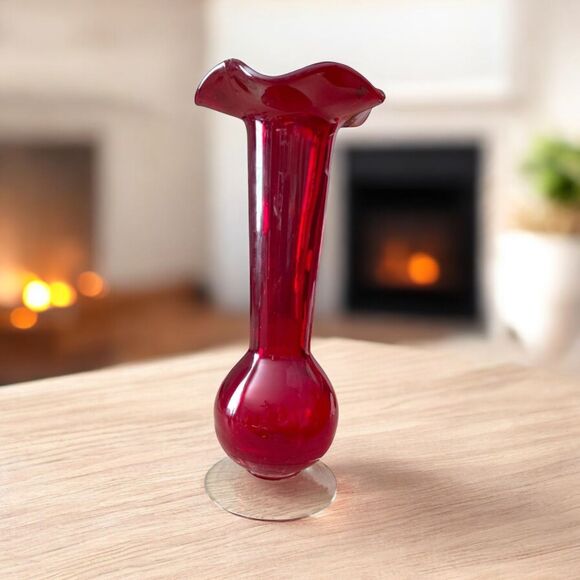 Vintage Ruby Red Glass Bud Vase 8" Ruffled Top Hand Blown Cranberry Style - Picture 7 of 7